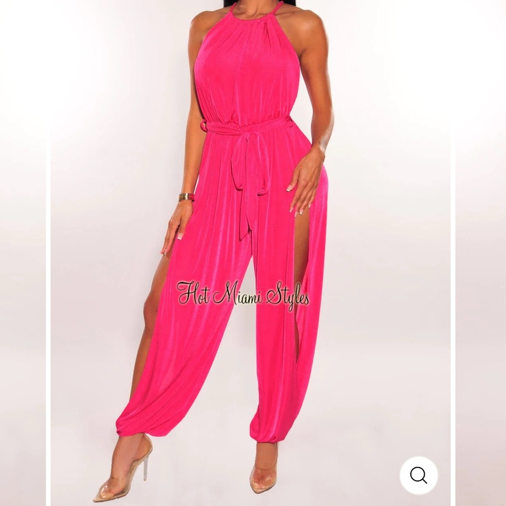 Hot Miami Styles Pink Halter Jumpsuit with Flowing Palazzo Pants